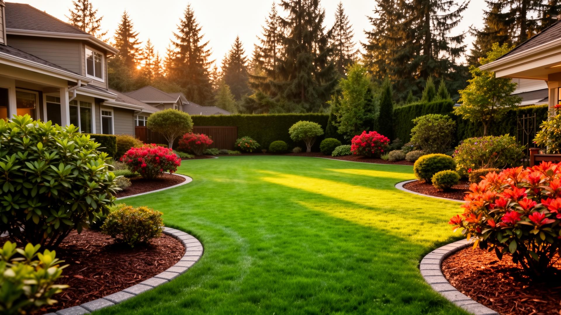 Manicured Pacific Northwest backyard at golden hour