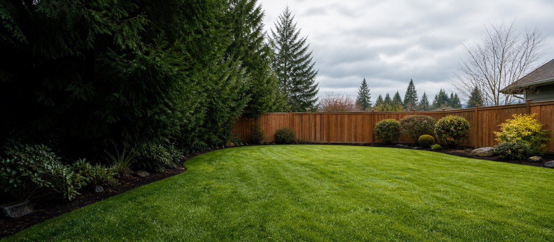 Freshly maintained Pacific Northwest lawn with evergreen landscaping
